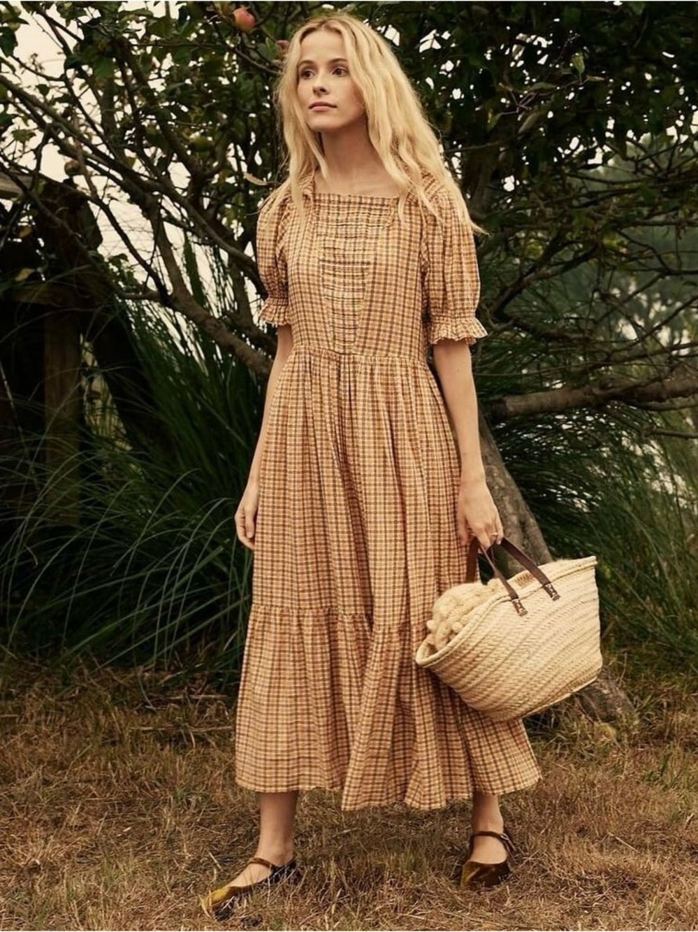 DÔEN Elodie Plaid Maxi Dress Orange Meringue Puff Sleeve XS